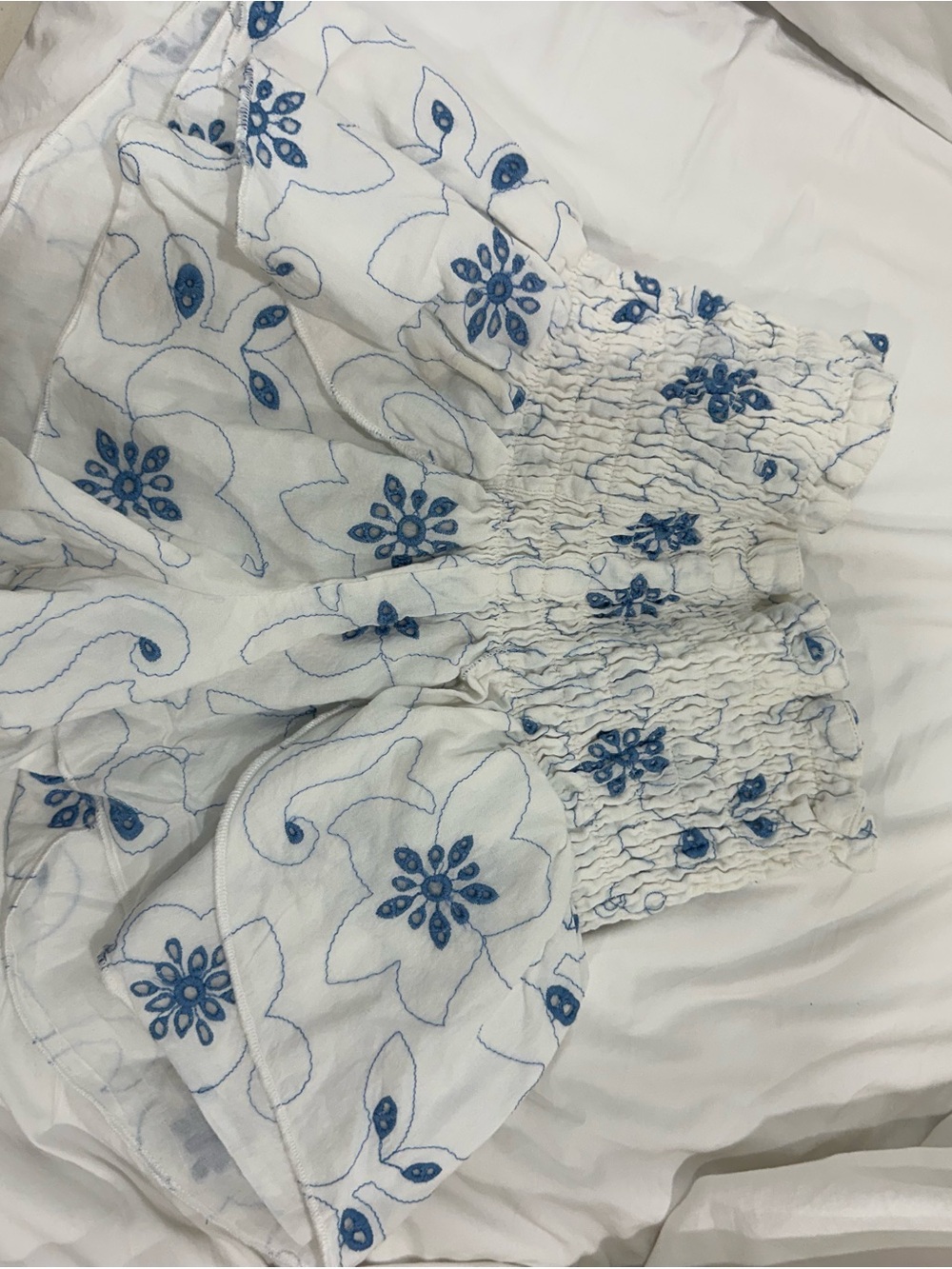 White Smocked Casual Women's Shorts with Blue Floral Embroidery